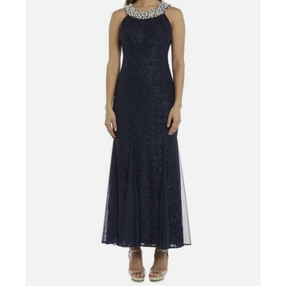 NWT R&M Richards Women's Pearl Neckline Glitter Lace Maxi Gown Size 8 Navy Blue‎